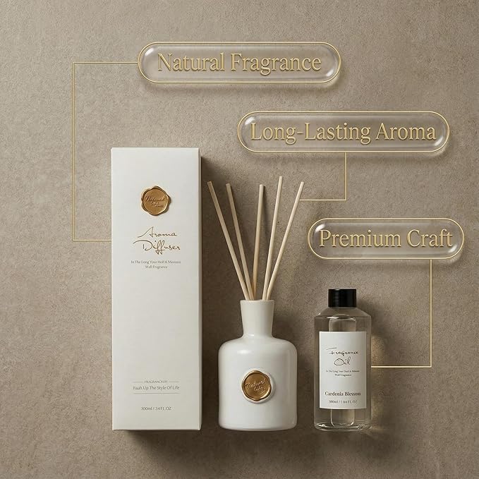Reed Diffuser Set-Gardenia-Strong Scent, Long-Lasting Evaporation with Natural Reed Sticks & Essential Oils, Elegant Fragrance for Bathroom Bedroom Office Decor Air Fresh-Ideal Gifts