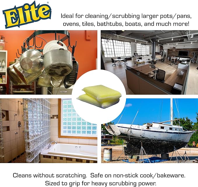 Elite HD (Heavy Duty) All Purpose Cleaning Pad, 2 Pack, Non Scratch, Dish Sponge, Scrubber, Made in USA. Large Thick Sponge for Household and Industrial Use. Sized to Grip for Heavy Scrubbing.