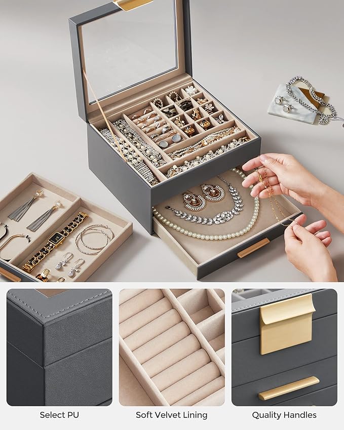 SONGMICS Jewelry Box Organizer with Glass Lid, 3-Layer Jewelry Storage, with 2 Drawers, Modern Style, 8 x 9.1 x 5.3 Inches, Interstellar Gray and Gold Color UJBC239G02