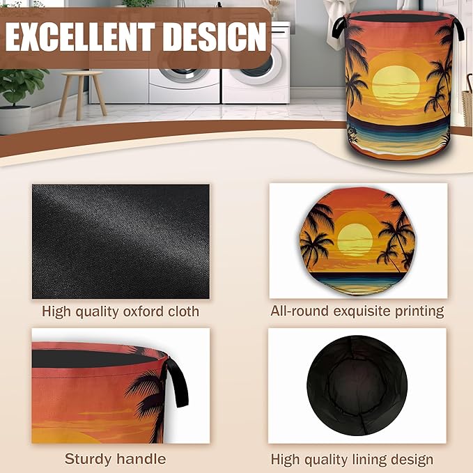 Tropical Palm Tree Sunset Beach Laundry Basket, Laundry Hamper Waterproof Oxford Cloth Tote Collapsible,Clothes Storage Bucket Decorative Toy Organizer For Bathroom Bedroom 16" x 20.8"
