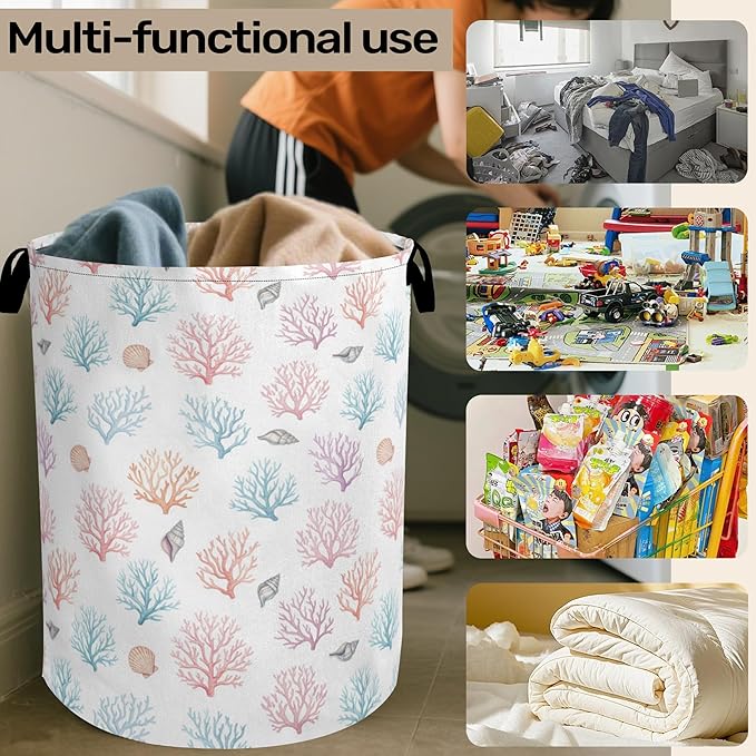 Starfish Coral Foldable Laundry Hamper - Waterproof Fabric Storage Basket with Handles, Clothes Hampers for Laundry,Bedroom,Dorm