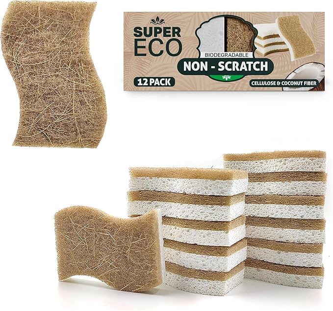 Super Eco Natural Kitchen Sponges Pack of 12 - Biodegradable Compostable Cellulose & Coconut Scrubber Sponge with Non-Scratch - Long Lasting, Eco Friendly Sponges for Dishes, Heavy Duty Dish Scrubber