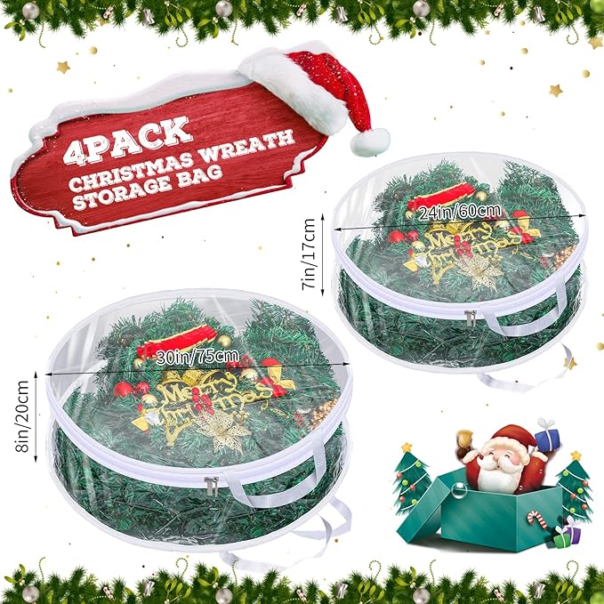 Zhengmy 4 Pack 30" 24" Wreath Storage Container Clear Christmas Wreath Storage Bags with Handle and Dual Zipper Plastic Decorative Garland Protector for Xmas Seasonal Holiday(White)