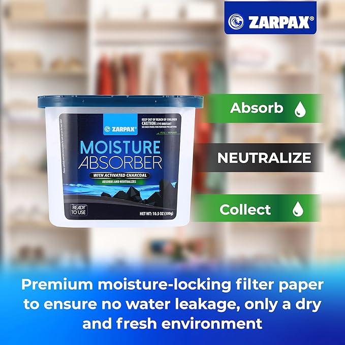 ZARPAX Moisture Absorber Activated Charcoal 10.5 oz/300g | Removes Moisture, Damp, Humidity & Odors | Odor Absorber | Moisture Trap for Bathroom, Closet, Kitchen & Small Spaces | Set of 15
