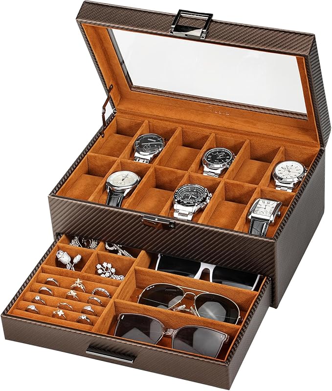 Voova Jewelry Box Watch Boxes Organizer for Men Women,2 Layer Large 12 Slot PU Leather Watch Storage Case,Glass Top Jewelry Display Holder for Watches Sunglasses Rings Necklaces Bracelets,Coffee+Brown