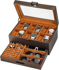 Voova Jewelry Box Watch Boxes Organizer for Men Women,2 Layer Large 12 Slot PU Leather Watch Storage Case,Glass Top Jewelry Display Holder for Watches Sunglasses Rings Necklaces Bracelets,Coffee+Brown