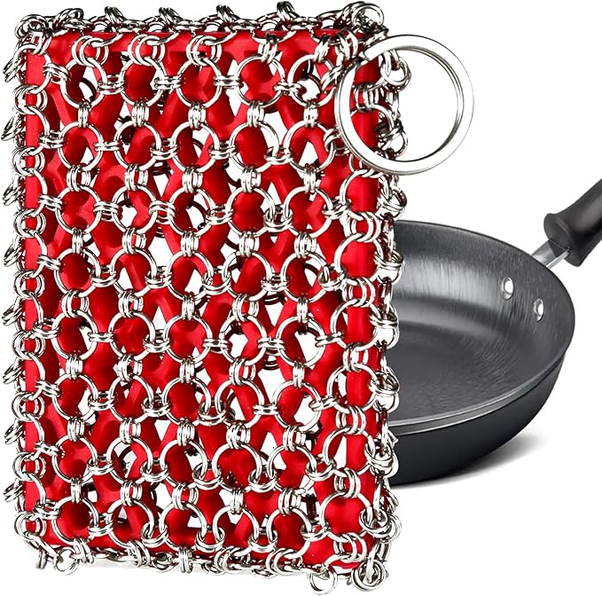 TEZZ Cast Iron Scrubber, Skillet Chainmail Scrubber for Cast Iron Pan - Chain Mail Scrubber Cast Iron Sponge - Metal Scrubber Cast Iron Skillet Cleaner, Wok, Frying Pans, Dutch Oven Cleaning Scrubber