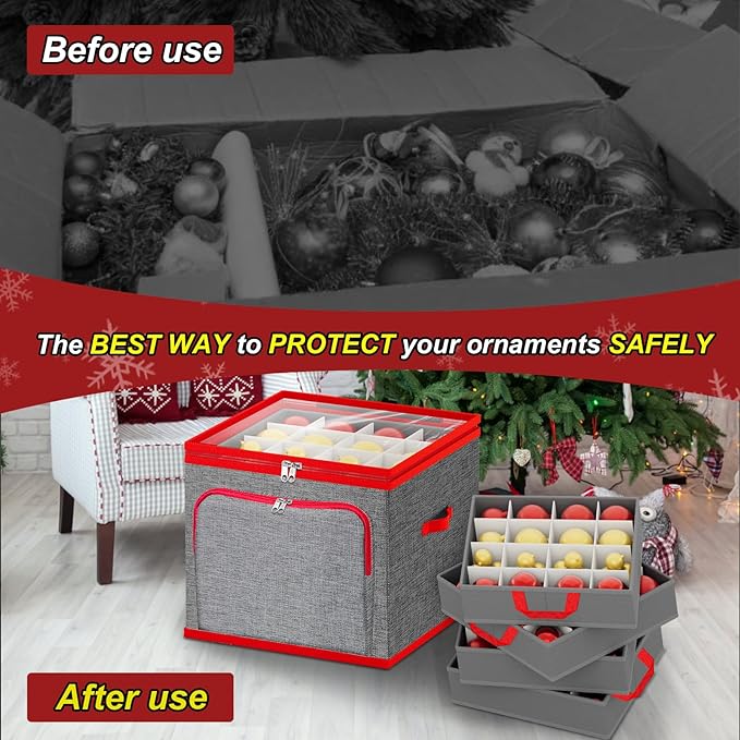 VERONLY Ornament Storage Box with Dividers, Christmas Ornament Storage Containers Include Trays and Zippers, Holiday Ornaments Storage Container with Handles for Xmas(64 Ball, Grey)