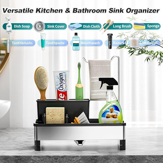 Ewaiira Stainless Steel Sink Caddy, Sponge Holder for Kitchen Sink with Brush Holder & Dishcloth Rack, Rustproof Sink Organizer Countertop, Kitchen Organizers Storage Essentials (D-Black)