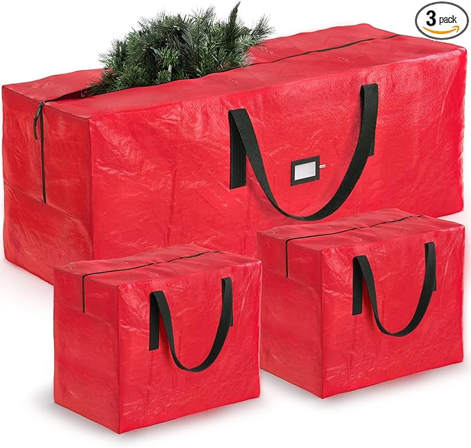 ZOBER Christmas Tree Storage Bag - With 2 Ornaments Accessories/Garland Bags - Fits 9 Ft Trees - Plastic, Waterproof Christmas Tree Bag For Storage Box For Xmas - Strong, Durable Handles - Red