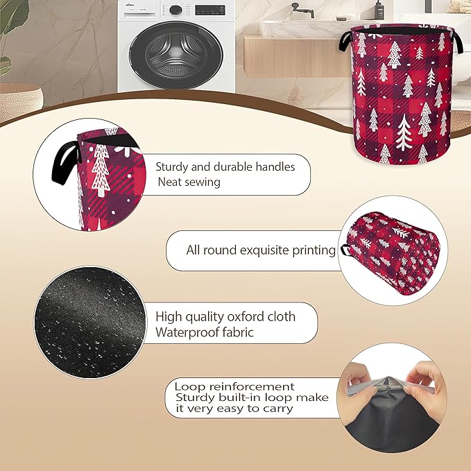 Christmas Tree Laundry Hamper,Red Plaid Collapsible Laundry Baskets,Waterproof Oxford Cloth Laundry Room Organization for Bedroom,Bathroom,Nursery,16x20 Inch