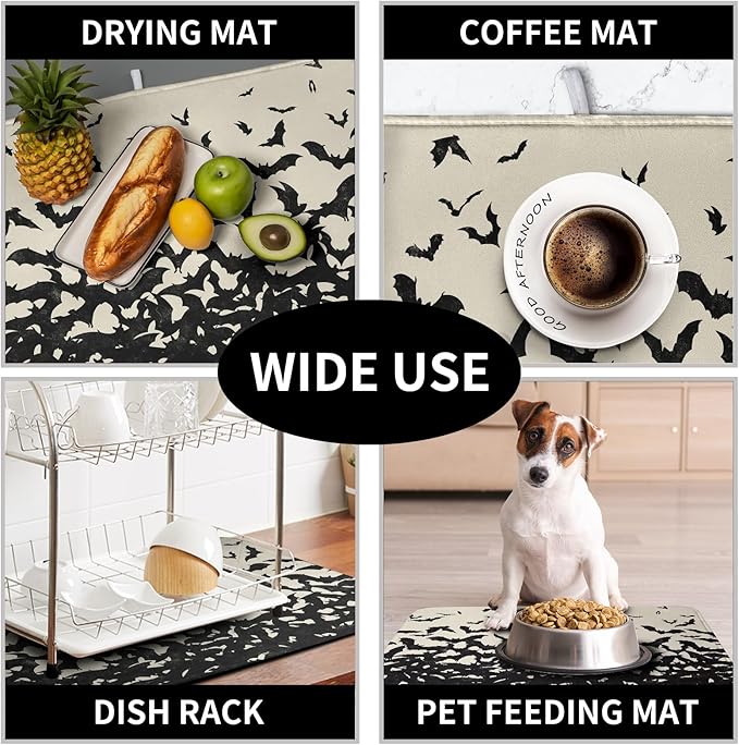 Kwlegh Halloween Bats Halloween Dish Drying Mat for Kitchen Counter 18x24 Inch Microfiber Absorbent Drying Mats Washable Dishes Drainer Mats Reusable Dish Rack Pad for Coffee Bar