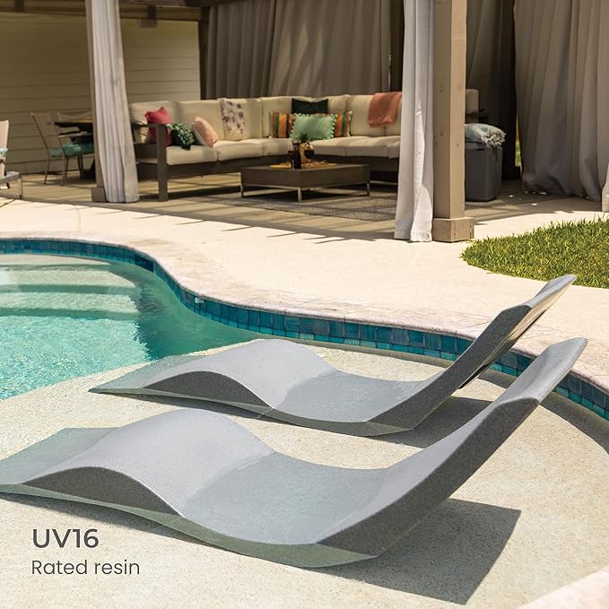 Aqua Outdoors in-Pool Chaise Set - Two Chaises - Two Headrest Pillows and One in Pool Side Table - for ledges up to 9" inches (Grey Granite-Blue)