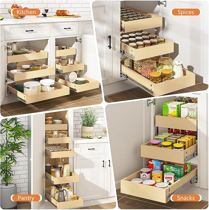 WelFurGeer 3-Tier Pull Out Cabinet Organizer with Soft Close, Heavy-Duty Slide Out Drawers for Cabinets, Pull Out Drawers for Cabinets, Bottom Mount Shelves for Kitchen, Pantry, Bathroom