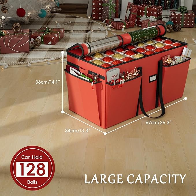 VERONLY Christmas Ornament Storage Box with 8 Trays, Christmas Storage Container for 128-3'' Holiday Ornament Decorations, Large Xmas Organizer with Adjustable Dividers, Dual Zipper and Pocket