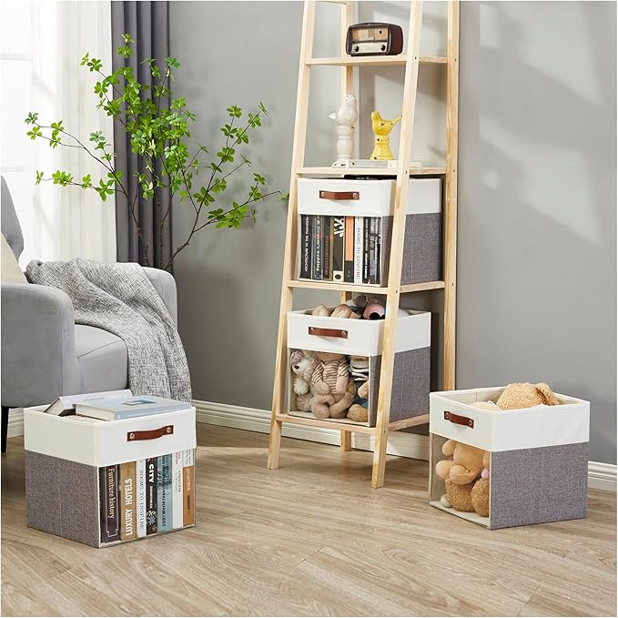 Storage Cubes, 4 Pack Linen Foldable Storage Bins (13 x 13 inch) with Clear Window and 2 Handles, Closet Organizers and Storage for Shelf Closet, Clothes, Books - (Gray and White)