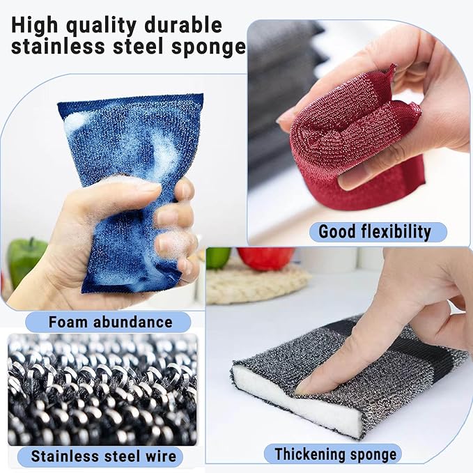 Steel Wool Scrubber Kitchen Sponges - Kitchen Dish Sponges Scrubbers, Non-Scratch Microfiber sponges for Cleaning, Pots and Pans Scrub Sponge(6 Pack)