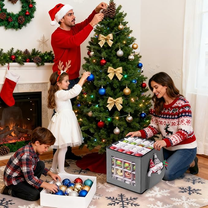 Christmas Ornament Storage Box, Premium Ornaments Organizer with Adjustable Dividers Pockets Clear Window Store Up to 64 Holiday Ornaments Storage Container Bin Zippered for Christmas Decorations Grey
