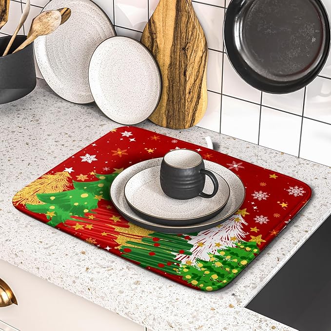 Christmas Dish Drying Mat 16 x 18 Inches Winter Red and Green Absorbent Reversible Microfiber Mats for Tree and Snowflake Pattern Dish Rack Pad Drainer Mat for Coffee Bar Decor