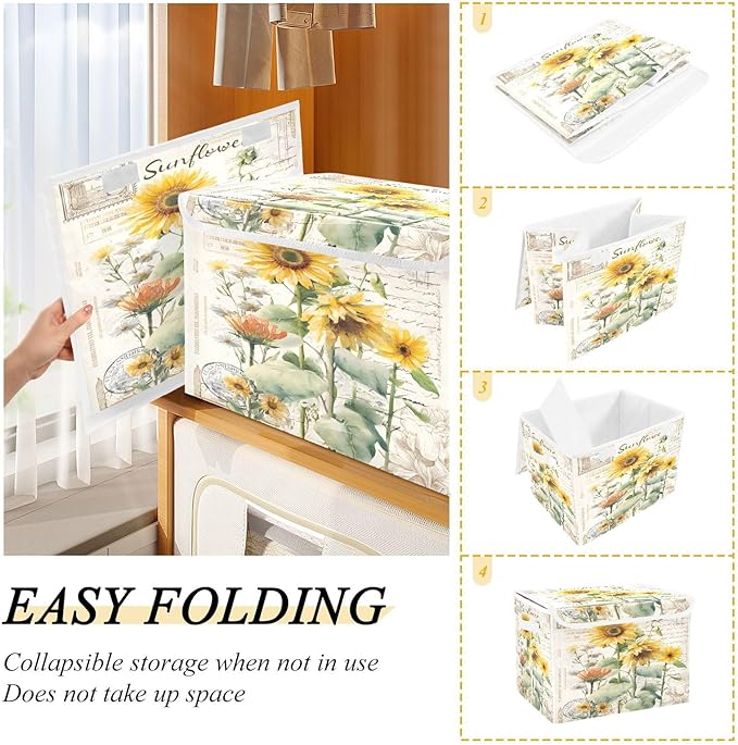 Bolaz Storage Bins with Lids and Handles,Sunflower Stamp Storage Box Basket with Cover Collapsible Organizer Containers for Home Closet, Shelves