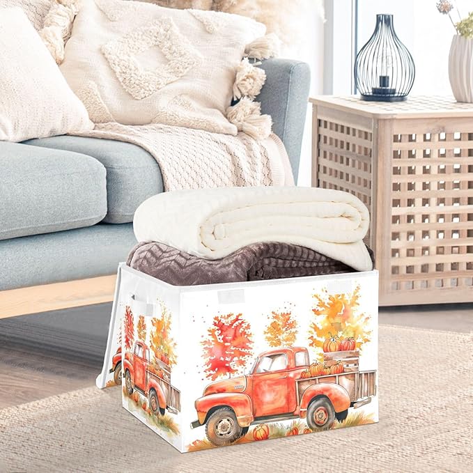 senya Thanksgiving Baskets Collapsible Storage Bins with Lids, Orange Truck Fall Harvest Storage Boxes Clothes Baskets for Organizing, B06D22020