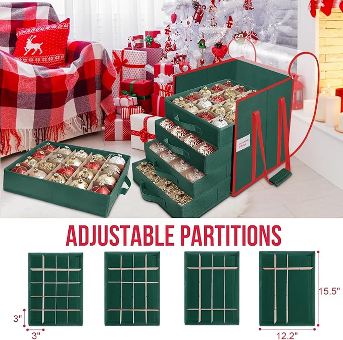 Christmas Ornament Storage Box, Stores Up to 100 Count 3 Inch Ornaments, 5 Individual Trays, Adjustable Dividers, 600D Oxford Fabric, Large Organizer Bin to Protect and Store Holiday Décor