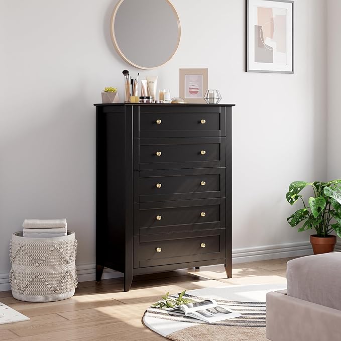 Modern 5 Drawers Dresser for Bedroom, Tall Wood Chest of Drawers for Clothes, Big Storage Dressers Organizer with Gold Handles & Deep Drawers, Living Room, Closet, Hallway, Black