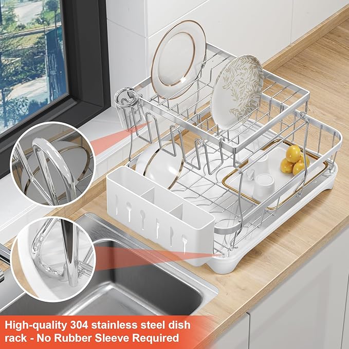 HOMEAILIE Dish Drying Rack for Kitchen Counter, 2-Tier 304 Stainless Steel Dish Rack with Adjustable Drainage Board, Removable Cup Holder, Utensil Holder, White