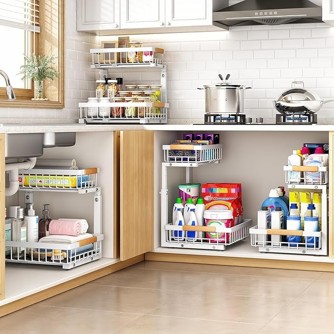 PXRACK(Small Version)2 Pack Under Sink Organizer,Adjustable Height,2 Tier Pull Out Under Cabinet Organizer,Slide Out Thickened Metal Storage Shelf for Kitchen Bathroom Laundry Pantry Cabinet,White
