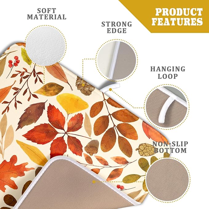 Fall Dish Drying Mat for Kitchen Counter 18x16 Inch Watercolor Autumn Maple Leaf Drying Mat with Absorbent Reversible Microfiber Dish Drainer Mats Rack Pad for Coffee Bar Countertop Protector