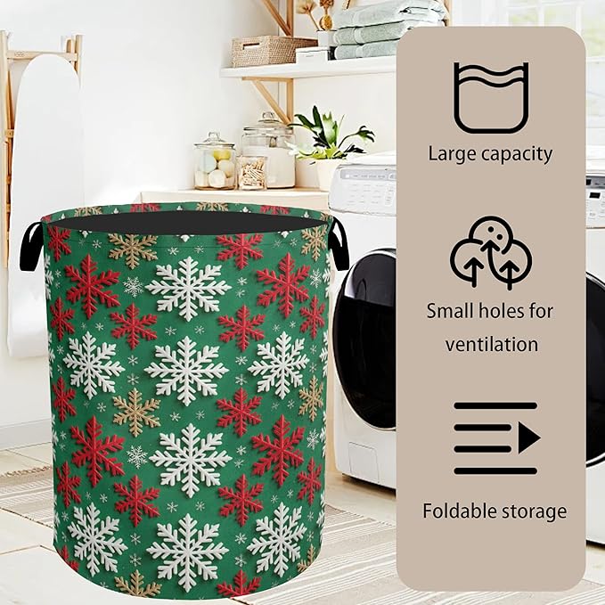 Winter Snowflakes Christmas Large Clothes Hamper Bag - Laundry Basket with Handles, Space Saving Foldable Design for Nursery