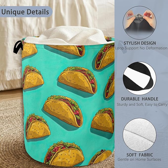Mexican Taco Laundry Hamper,Dirty Clothes Laundry Basket with Handles Waterproof Oxford Cloth Storage Basket for College Dorms Bathroom Bedroom 16" x 20.8"