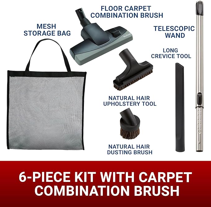 Central Vac Carpet and Bare Floor Attachment Set for Cleaning Carpets and Any Floor Surfaces, Dusting Brush, Upholstery Tool, Ratcheting Wand, Long Crevice Tool and Mesh Storage Bag