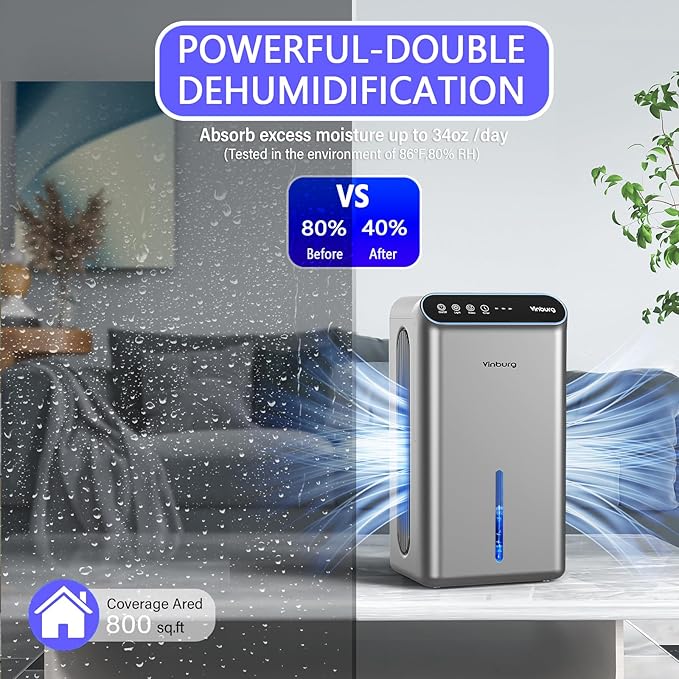 Dehumidifiers for Home (85 OZ Water Tank, 800 sq.ft) Quiet Small Dehumidifier for Basement Bedroom Bathroom with Drain Hose, 3 Gear Timer, Sleep Mode, Auto Shut Off, 7 Color Ambient Light