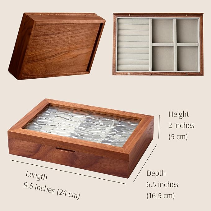 Wooden Jewelry Box for Women, Medium Size Natural Solid Walnut Wood Vintage Trinket Organizer with Large Storage, Ring Compartments, Built in Necklace Hooks, Glass Lid, ek06-m-walnut
