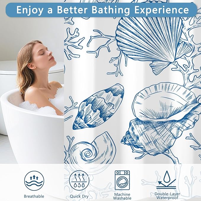 Waterproof Sea Themed Shower Curtain, No-Hook Design with Snap-in Fabric Shower Curtain Liner, Weighted Bottom and Vent Window, Blue Coral Pattern Shower Curtains, 71x74 Inches