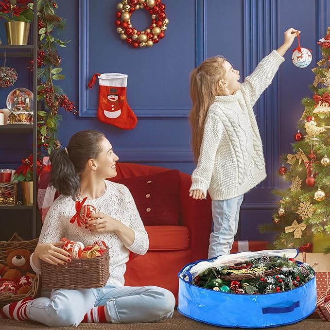 Aliceset 4 Pack Wreath Storage Containers, Christmas Ornament Garland Wreath Storage Bags with Handle Dual Zipper Large Decorative Storages Box for Winter Wreaths(24 x 24 x 7.8 Inch,Blue)