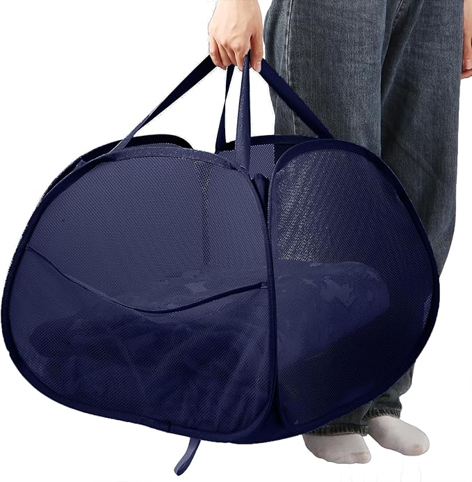 Collapsible Laundry Baskets, 90L Large Foldable Laundry Basket, Durable Mesh Pop Up Hampers for Laundry, Dirty Clothes Laundry Hamper for Bedroom, Bathroom, Dorm, Laundry Room, Travel or Camping Navy
