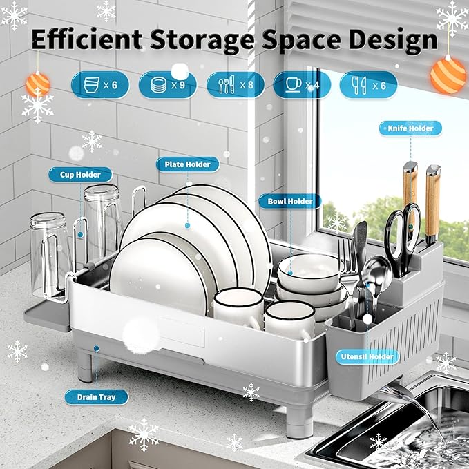 Ewaiira Dish Drying Rack, 304 Stainless Steel Dish Racks for Kitchen Counter, Dish Drainers with Automatic Drainage, Utensil Holder & Cups Holder, Space Saving Kitchen Organizer, Gray