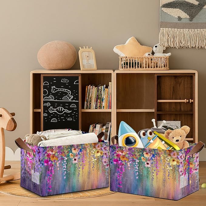 Colorful Flowers Collapsible Storage Box,Organizer Bin with Handles for Room Decoration,Bins Book Basket Box 17x11.5x10Inch