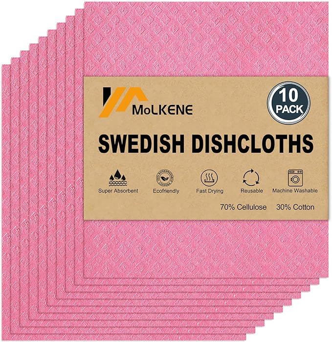 MoLKENE Swedish Dishcloths - 10 Pack Reusable Kitchen Dishcloths - Ultra Absorbent Dish Towels for Washing Dishes - Cellulose Sponge Cloth Cleaning Cloths - Pink