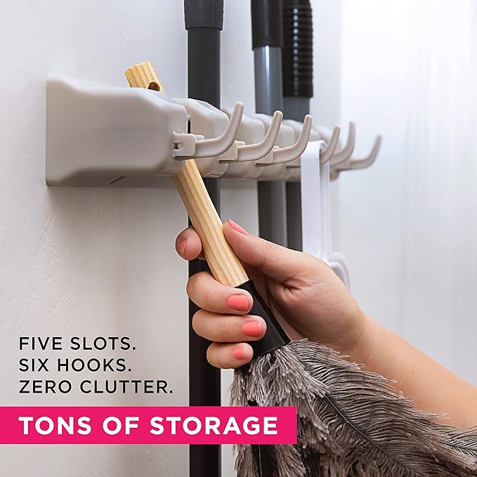 Broom Holder Wall Mount and Garden Tool Organizer, Closet Storage, Kitchen Rack, Home Organization and Garage Organizer for Rake or Mop Handles Up to 1.25-Inches, Hanger Plus 6 Hooks (BEIGE, 1 PACK)