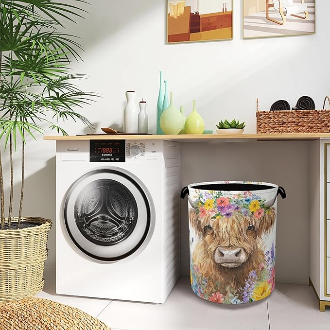 Hightland Cow Laundry Basket,Oxford Cloth Laundry Hamper with Handle Foldable Portable Clothes Storage Basket for Bathroom Bedroom Dorm Room 16" x 20.8"