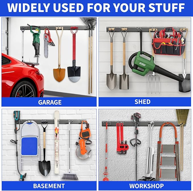 CRXCRC Garage Tool Organizer Wall Mount, 48inch Heavy Duty Garden Tool organizer Storage System, Easy Install With 6 Adjustable Bilayer Hooks, For Garage, Basement, Shed, Workshop(Black)