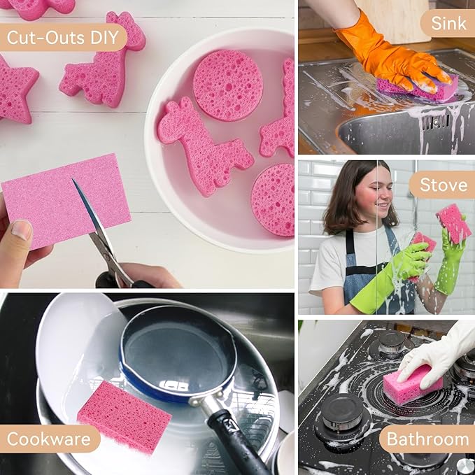 Mkobon 6 Pcs Kitchen Sponges for Dishes Cleaning, Non Scratch for Non Stick Cookware, Compressed Natural Cellulose Sponges, Dish Washing Scrubbers, Scrubbing Pads for Household, Bathroom (Red)