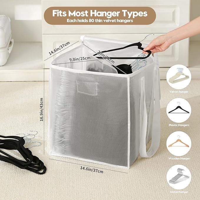 Beveetio 2-Pack Large Clothes Hanger Organizer Bag with Lid & Handles, Dustproof Hanger Storage with 2 Compartments, Space Saving for Closet & Laundry Room