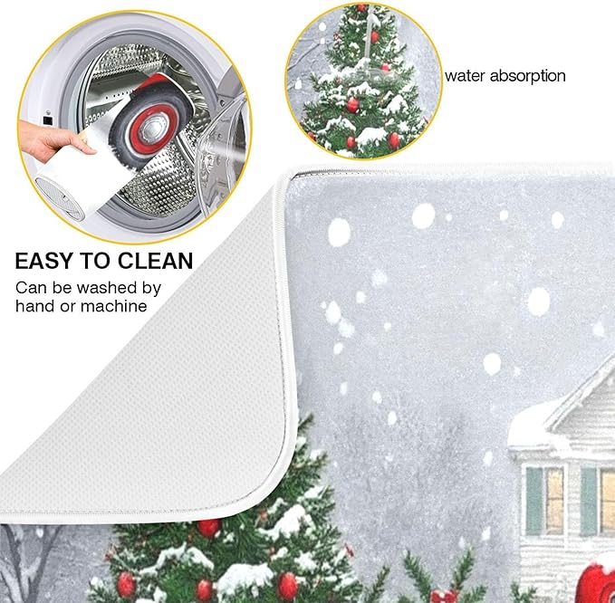 Christmas Tree Truck Dish Drying Mat for Kitchen Countertop 16x18 Winter Snow Poinsettia Golden Retriever Small Drying Mat Reusable Quick Dry Dish Sink Mats Easy Clean Decorative Essentials