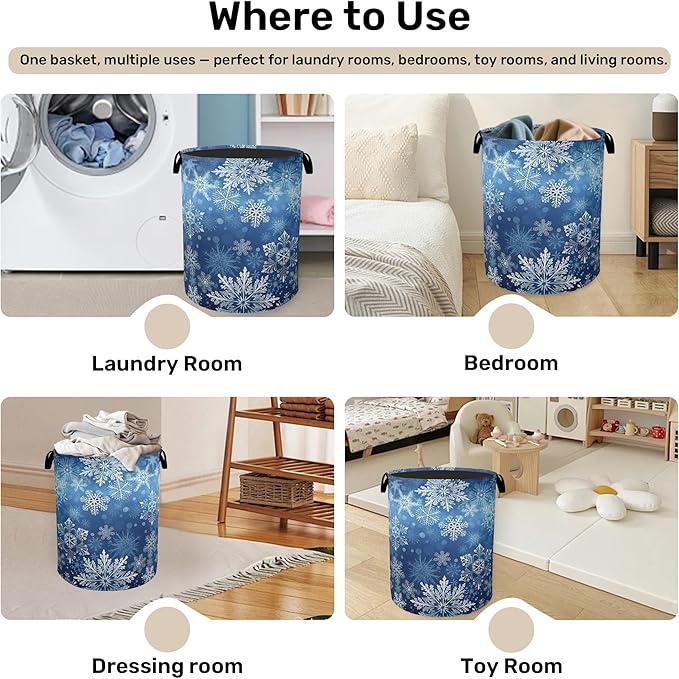 Winter Snowflakes Large Clothes Hamper Bag - Laundry Basket with Handles, Space Saving Foldable Design for Nursery