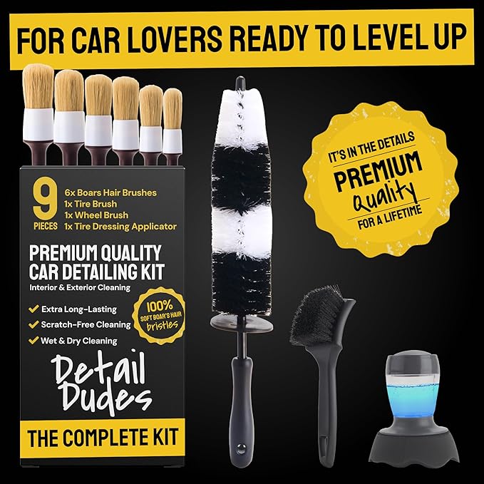 Detail Dudes Soft Boar Hair Car Detailing Brush Set - 3-Pack, Brown - Car Detailing Kit for Versatile Uses - Soft Bristles Cleaning Brush - Water-Resistant Handles