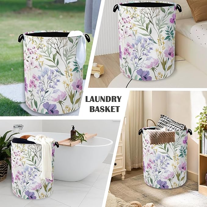 Wildflower Plant Laundry Basket,Botanical Oxford Cloth Laundry Hamper with Handle Foldable Portable Clothes Storage Basket for Bathroom Bedroom Dorm Room 16" x 20.8"